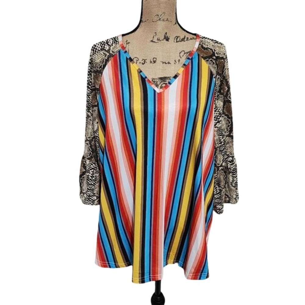 Southern Stitch Women 3XL Tunic Top Striped Snakeskin Raglan Bell Sleeve V-Neck